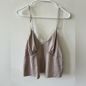Lucywhims the drop spaghetti strap tan v neck tank top with lace